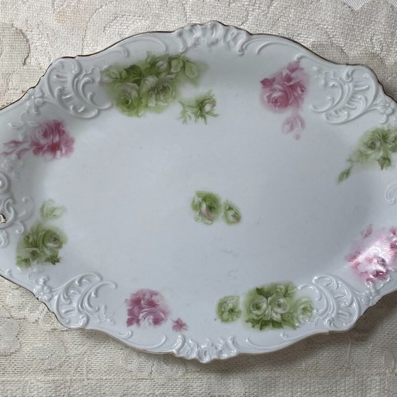 Vintage Hermann Ohme Élyseé Oval Platter- Pink & Green Underglaze Roses On White - Picture 2 of 8